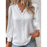 Lace Trim V-Neck Puff Sleeve Blouse