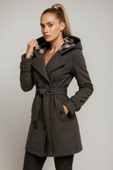Dark grey hooded trench coat for women - chic belted winter outerwear