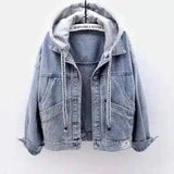 Hooded Denim Jacket with Button Closure-Wathet-1