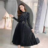 Polka Dot Pleated Midi Dress with Belt-Dots-1