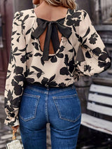 Bow Back Printed Round Neck Flounce Sleeve Blouse-Tan-1