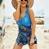 Printed Ruched Swim Dress and Swim Bottoms Set-Blue-6