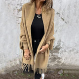 Women's Knitted Batwing Sleeve Cardigan – Fashion Loose Tassel Shawl | Cozy & Stylish Outwear-Khaki-4