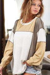 Exposed Seam Contrast Round Neck Long Sleeve Top-3