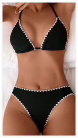 Solid-color Floral-print Halter-style Two-piece Swimsuit