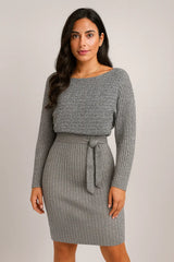 2pcs Tuta donna solida striscia maniche lunghe Top e gonna stretta bretella moda autunno inverno abbigliamento sottile