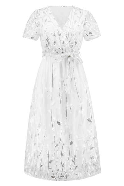 Sequin Leaf Embroidery Tie Front Short Sleeve Dress