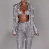 Shiny Long-Sleeved Blazer Set - Fashion Party Jacket, Bra, & Straight-Leg Trousers