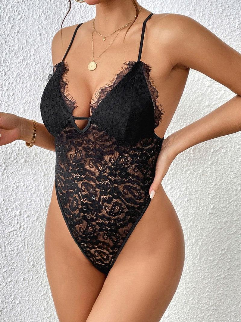 Perfee Crisscross Lace Spaghetti Strap Bodysuit-8