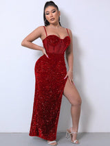 Sequin Spliced Mesh Adjustable Strap Dress-Red-7