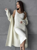 2pcs Knitted Suit Fashion Slim Sleeveless Long Dress And Casual Loose Cardigan Spring Fall Women's Clothing-White-6