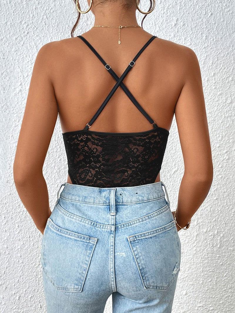 Perfee Crisscross Lace Spaghetti Strap Bodysuit-7