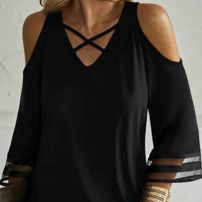 Ladies' Solid Color Off Shoulder T-Shirt with Collar Cross Design – Casual & Stylish