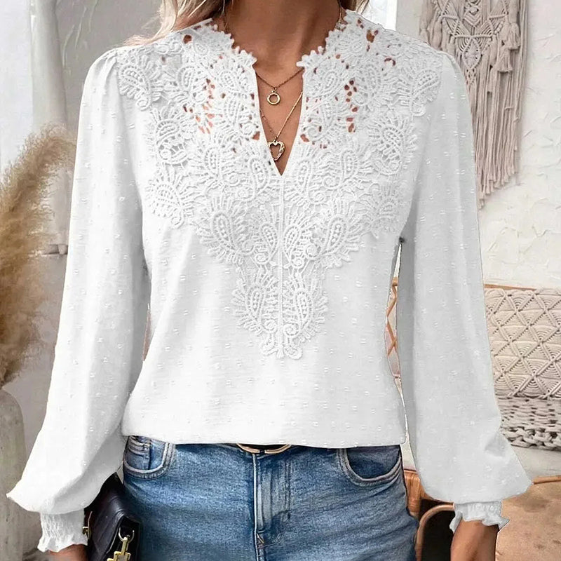 Lace Lantern Sleeve V-Neck Blouse