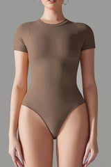 Round Neck Short Sleeve Active Bodysuit-Chestnut-35