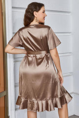 Plus Size Belted Ruffled Surplice Dress-2