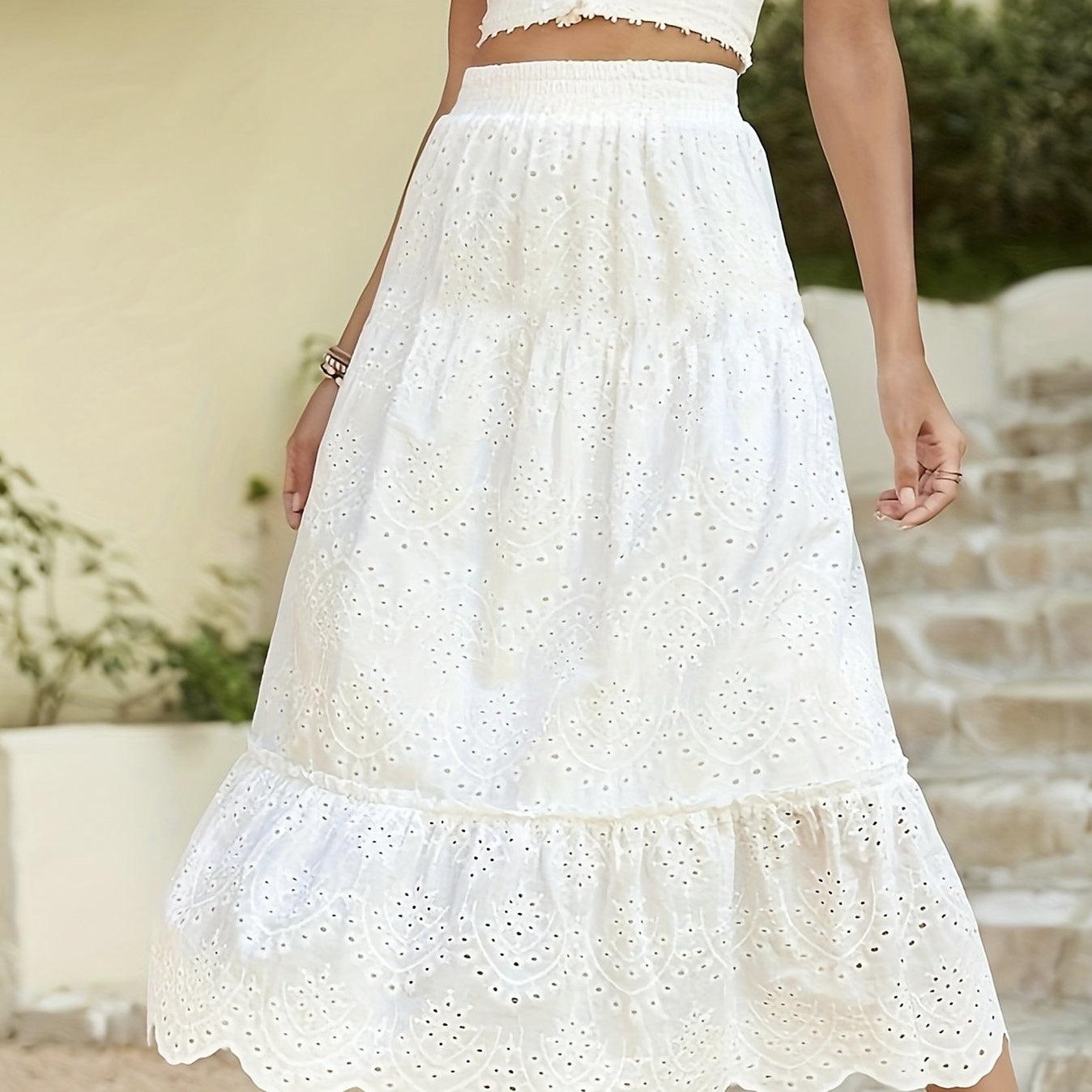 Ladies' Solid Color Swing Skirt with Hollow Flower Details & Hanging Pleats