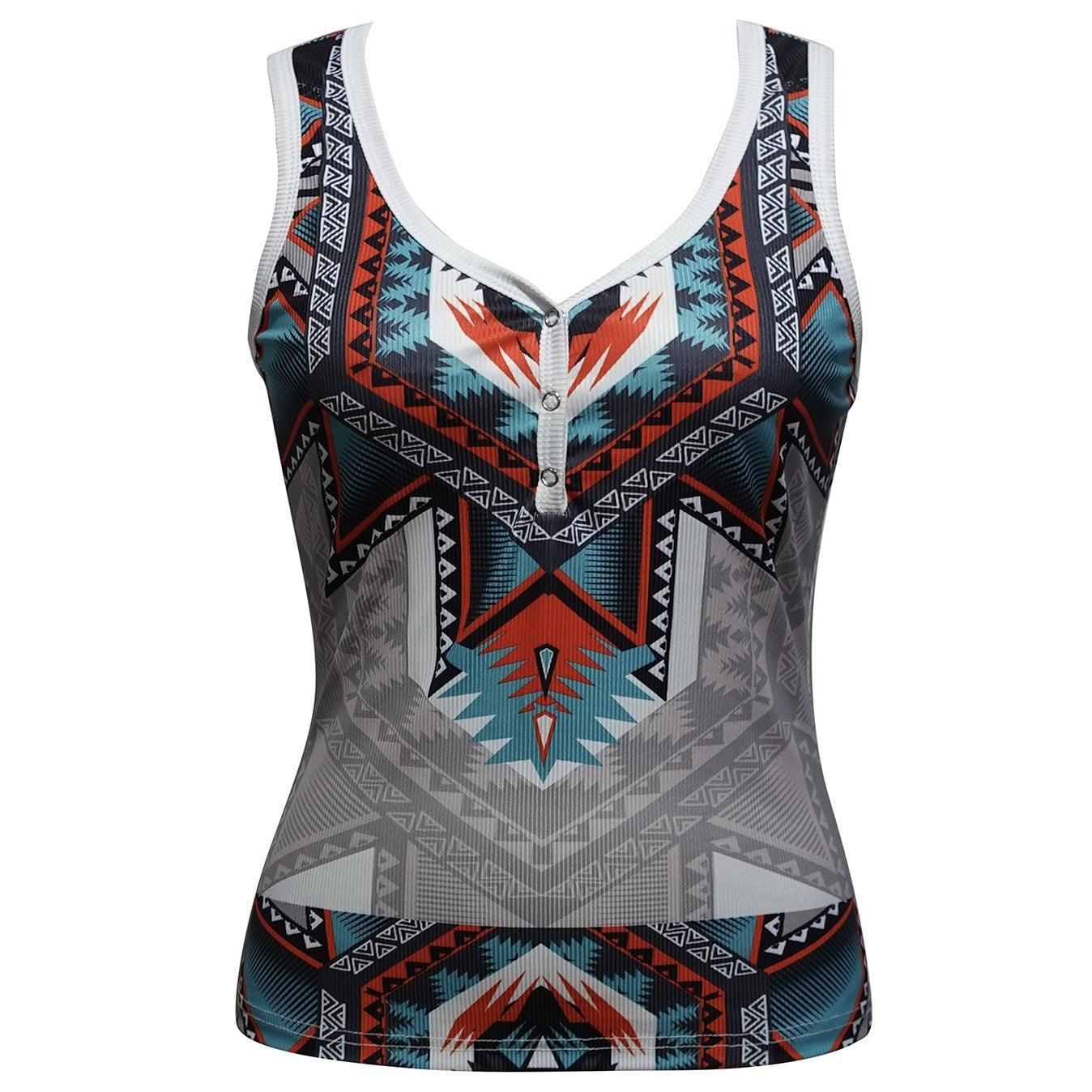 Women's V-Neck Ethnic Pattern Knitted Vest Top with Button Detail – Vacation Style