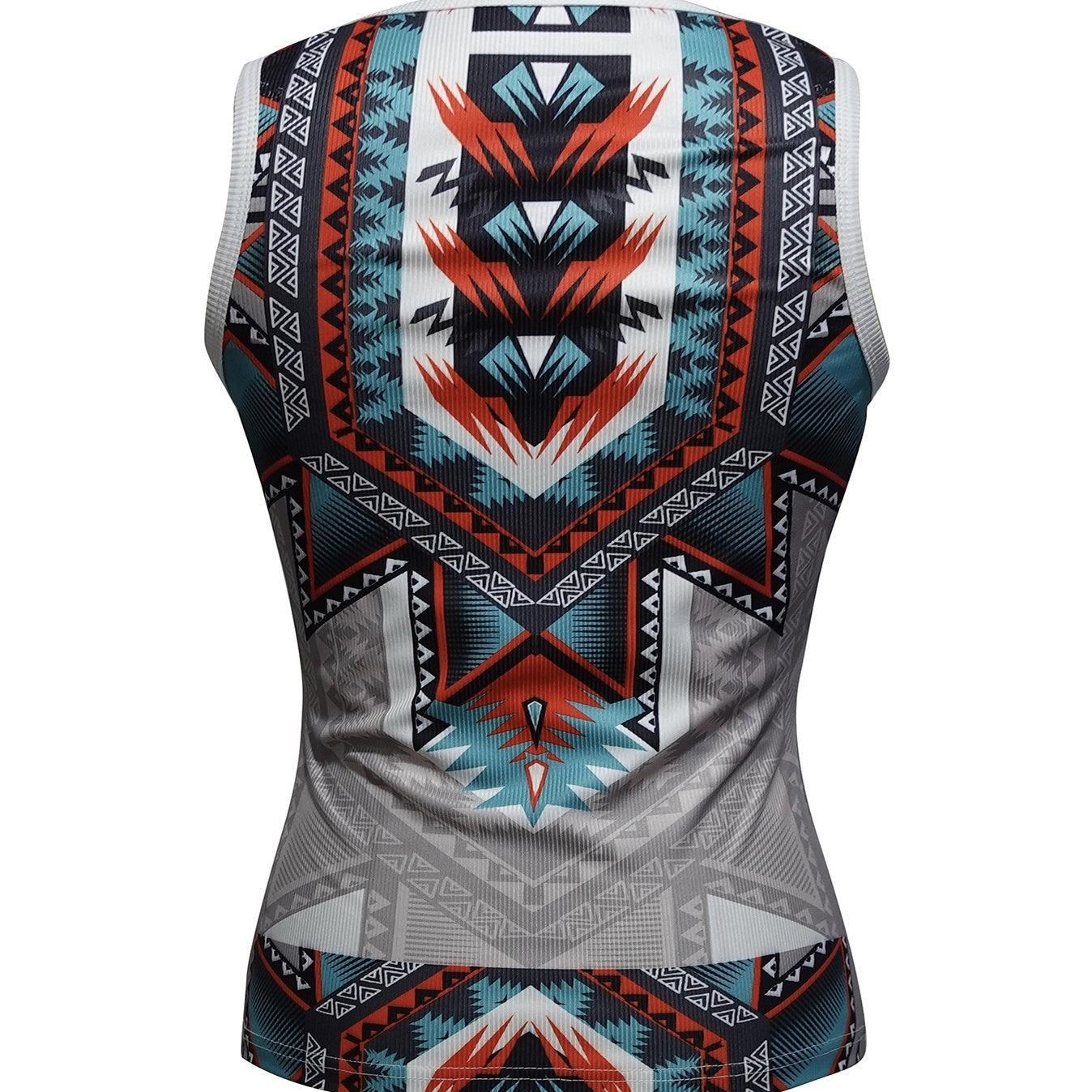 Women's V-Neck Ethnic Pattern Knitted Vest Top with Button Detail – Vacation Style