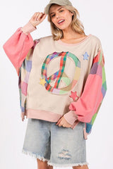 SAGE + FIG Full Size Contrast Peace Patch Dropped Shoulder Sweatshirt-Coral Multicolor-1