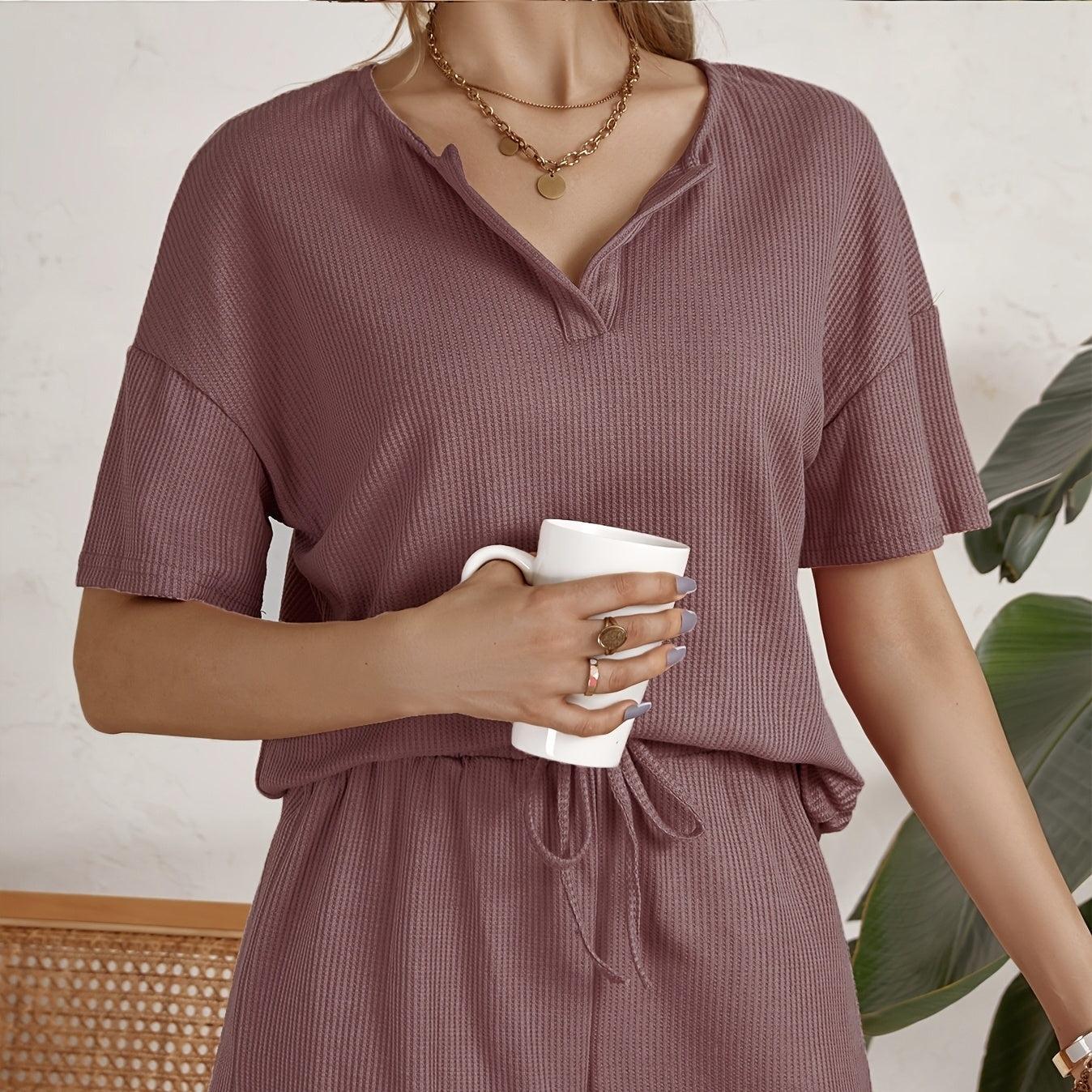 Women's Solid Color Waffle Fabric Lounge Set