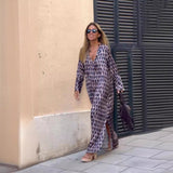 Summer Chic: Geometric Printed V-Neck Long Dress with Slit & Long Sleeves