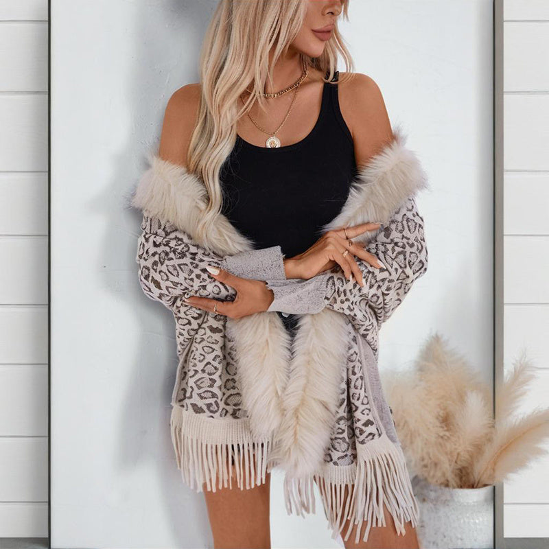 Leopard Faux Fur Poncho Cardigan