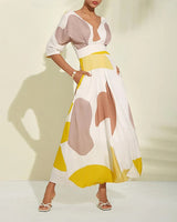 Boho Chic Maxi Dress with Abstract Print - Sunshine Glow