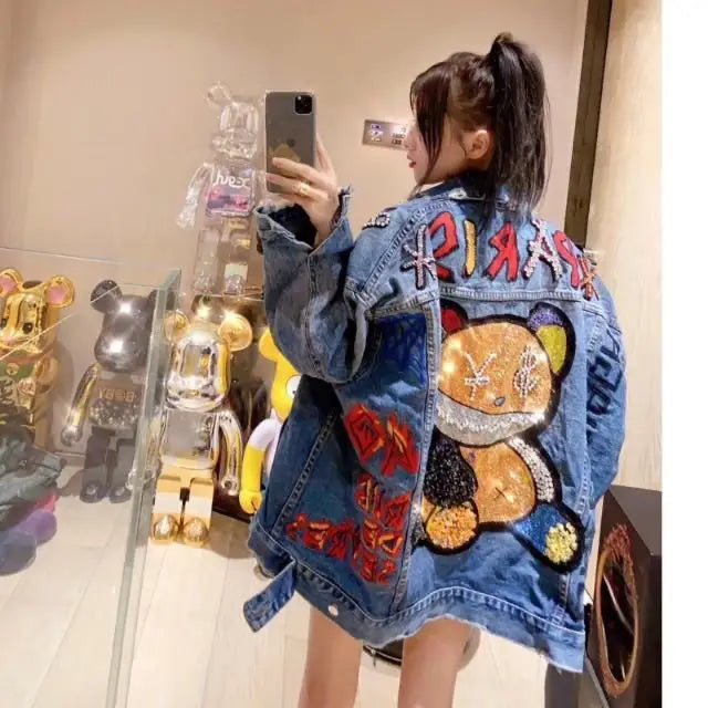 Oversized Denim Jacket with Cartoon Embellishments – Vibrant Street Style-2