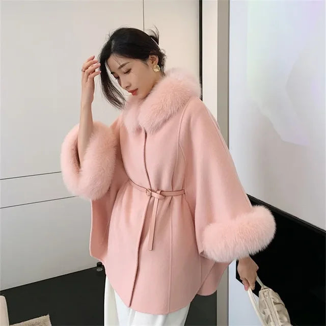 Fur Sleeve Detachable Real Fox Fur Collar Coat Wool 2024 New Autumn Winter Women's Warm A-line Jacket Luxury Thick Female Coat-Pink-9