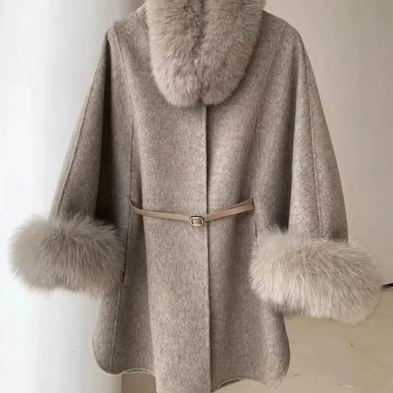 Fur Sleeve Detachable Real Fox Fur Collar Coat Wool 2024 New Autumn Winter Women's Warm A-line Jacket Luxury Thick Female Coat-5