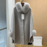 New Fashion Camel Color Big Cape Woolen Real Fox Fur Collar Poncho Luxurious Winter Shawl with Fur Cuffs