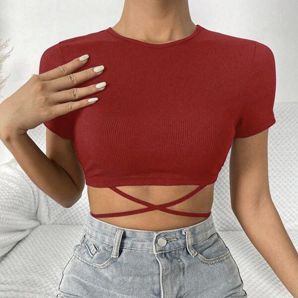 Ladies' Solid Color Cross-Tie Short Sleeve Top – Round Neck, Tight Fit