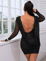 Glitter Rhinestone Chain Detail Mesh Sleeve Bodycon Dress-3