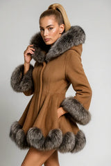 Women's flared brown coat with faux fur hood and trim - elegant winter outerwear