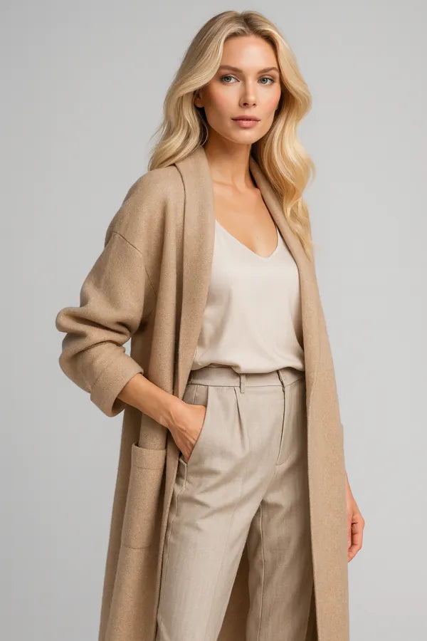 Long camel coat for women - elegant open front wool cardigan-style outerwear