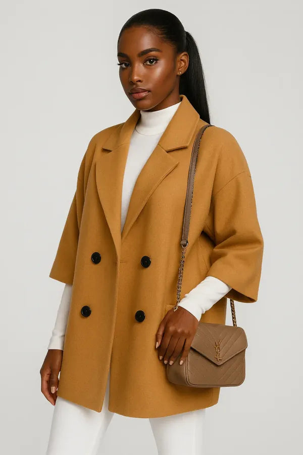 Chic camel short-sleeve wool coat for women – modern oversized fall outfit
