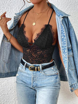 Perfee Crisscross Lace Spaghetti Strap Bodysuit-11