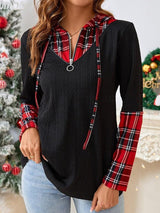 Plaid Quarter Zip Hooded T-Shirt-Black-1