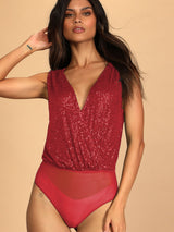 Sequin Surplice Sleeveless Bodysuit-Deep Red-10