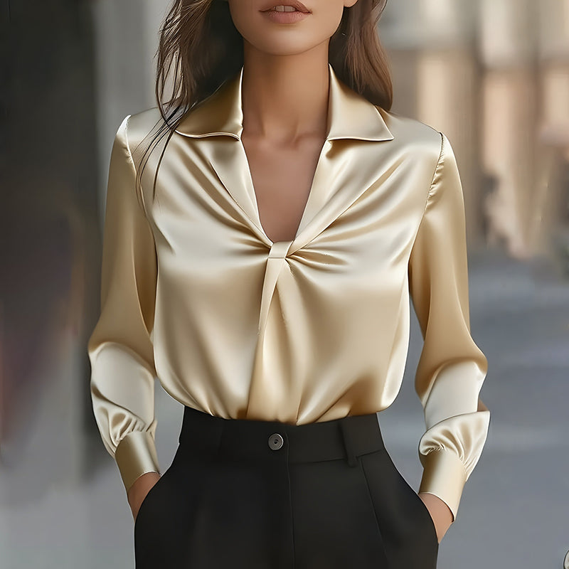 Satin Ruffle V-Neck Blouse