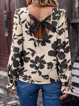 Bow Back Printed Round Neck Flounce Sleeve Blouse-5