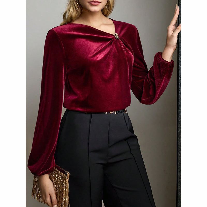 Velvet Twist Knot V-Neck Blouse