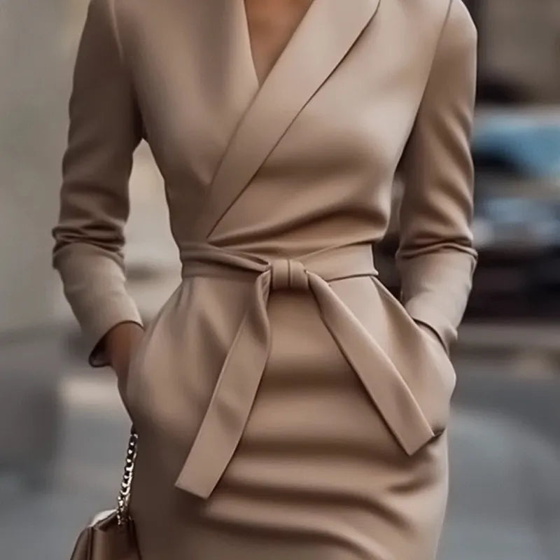Beige blazer dress for women with waist tie — elegant fitted wrap design