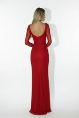 Red long sleeve evening gown with open back, elegant formal dress for women