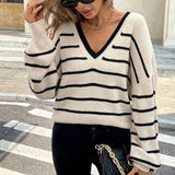 Striped V-Neck Bow Back Sweater