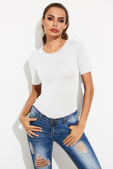 Round Neck Short Sleeve Bodysuit-White-5