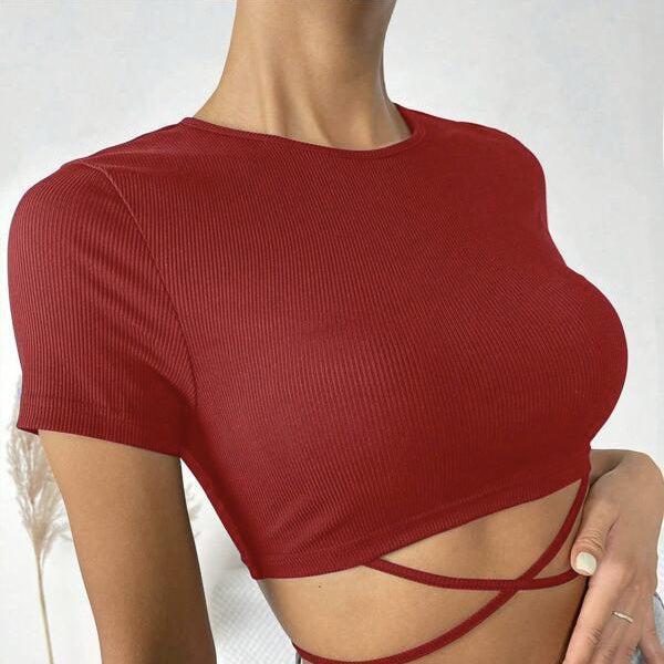 Ladies' Solid Color Cross-Tie Short Sleeve Top – Round Neck, Tight Fit