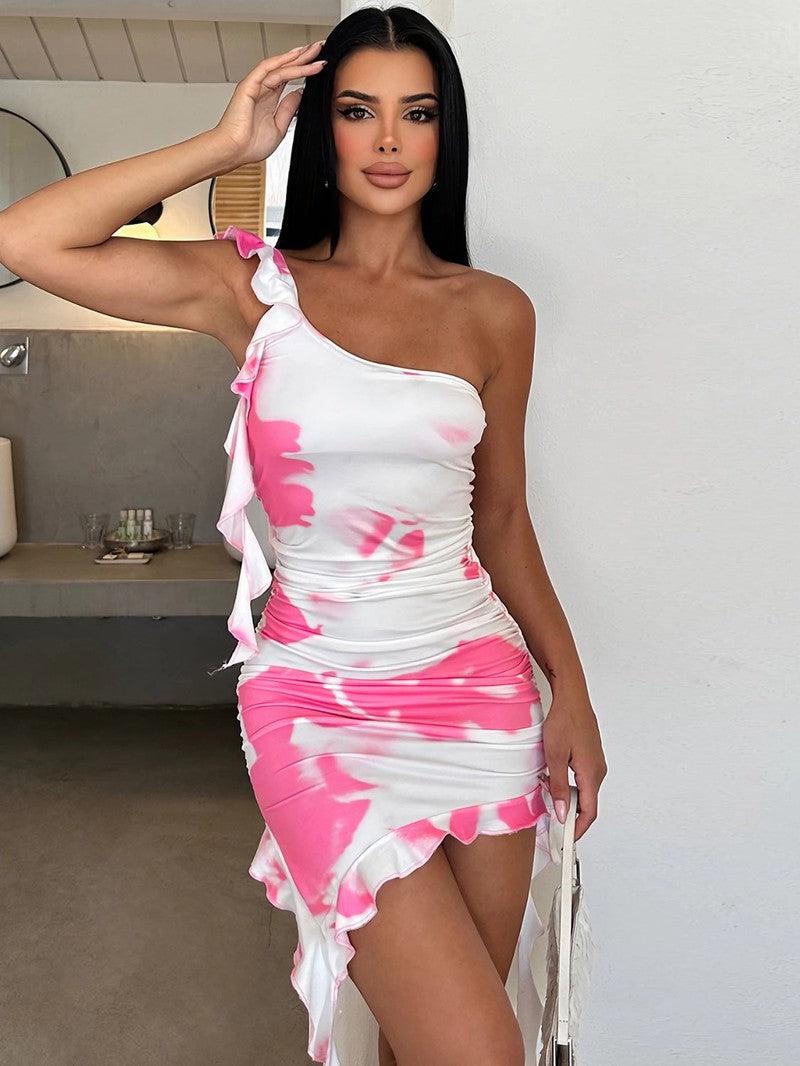Ruffled Tie-Dye Single Shoulder Mini Dress-13