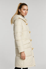Side view of women's beige puffer coat with hood and toggle buttons - long winter jacket
